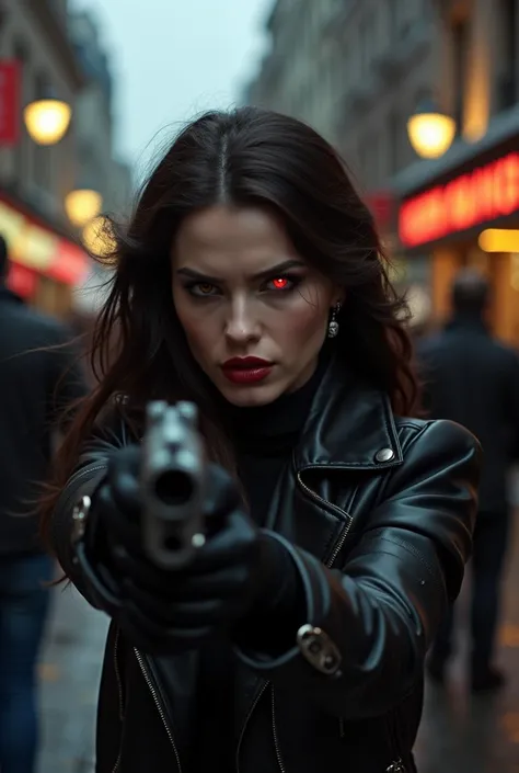 a cruel angry attractive female assassin leather, evil eyes, cruel smile, satanic, jewel, opera gloves long sharp killer nails, on busy street, holding a colt gun, she holds her gun to a man's earlobe, people are watching them