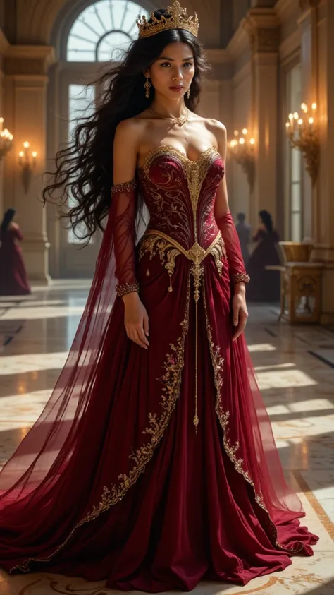  "A regal noblewoman with long, flowing dark hair adorned with a golden crown. She wears a floor-length gown made of rich burgundy silk, with a fitted bodice featuring intricate gold embroidery resembling vines and flowers. The gown has long, sheer sleeves...