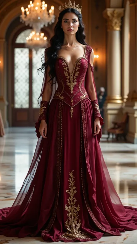  "A regal noblewoman with long, flowing dark hair adorned with a golden crown. She wears a floor-length gown made of rich burgundy silk, with a fitted bodice featuring intricate gold embroidery resembling vines and flowers. The gown has long, sheer sleeves...