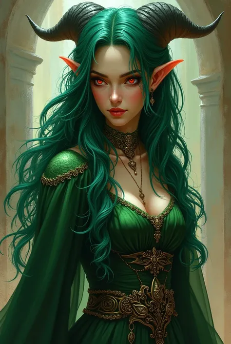 1 femme, solo, {occultiste tiefling}, {cornes de mouton enroulée}, {œil gauche ((rouge)), œil droit ((bleu))}, {peau verte}, {cheveux verts} {cheveux attachés}, {longs tresses}, {clivage}, {vêtements riches et nobles}, {beaucoup de bijoux}, {bijoux dorés},...