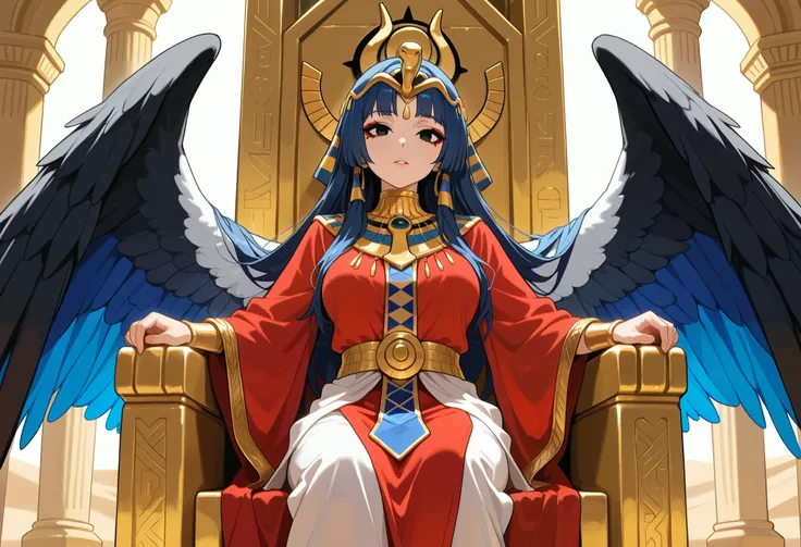 egyptian clothes, mature female, blue hair, long hair, red clothes, black eyes, [eyeliner], throne, large wings, multicolored wings, solo, sun