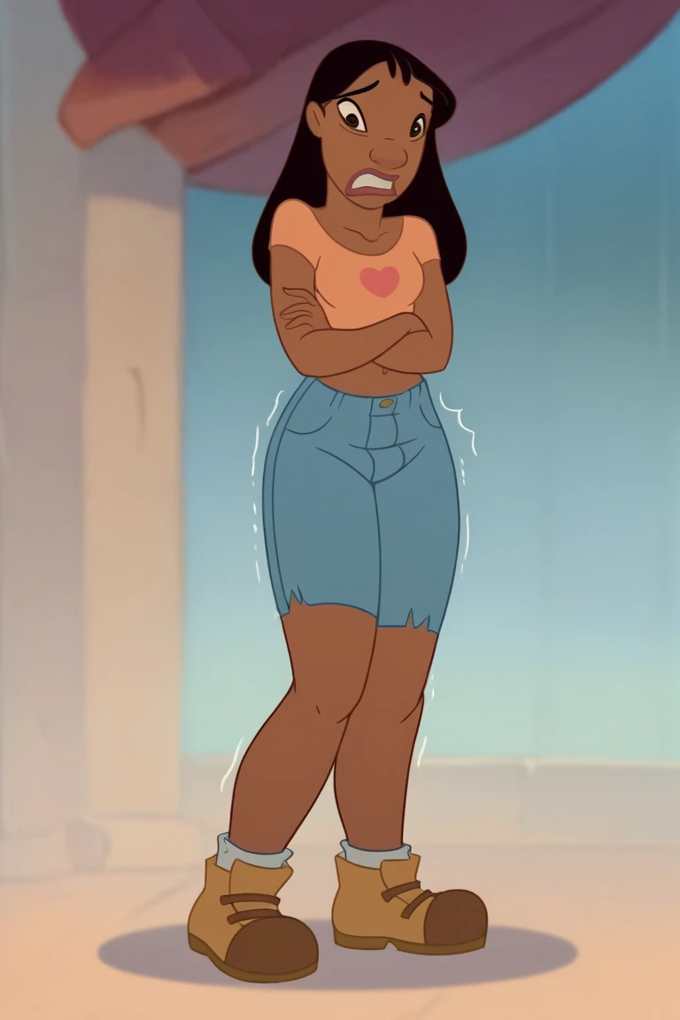 score_9_up, score_8_up, score_7_up, 1girl, solo, n4niP, nani hugging herself with one arm, dark-skinned female, brown eyes, black hair, head turning to left side, pointing to the left, crop top, midriff, shorts, shoes, lips, hips, cold posture, freezing, s...