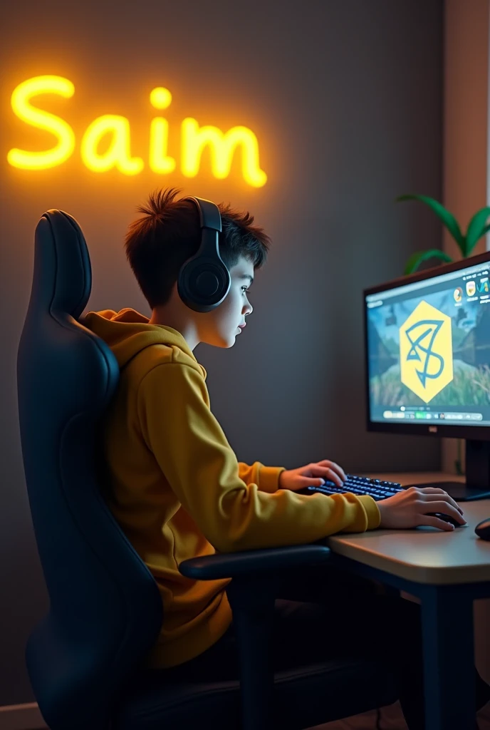 Create A 3D Realistic image of a Boy sitting in gaming room on gaming chair and playing on old school RuneScape application on his pc. The boy must wear dark yellow hoodie headphones And his name “Saim” is Written on the wall with yellow colour neon light.