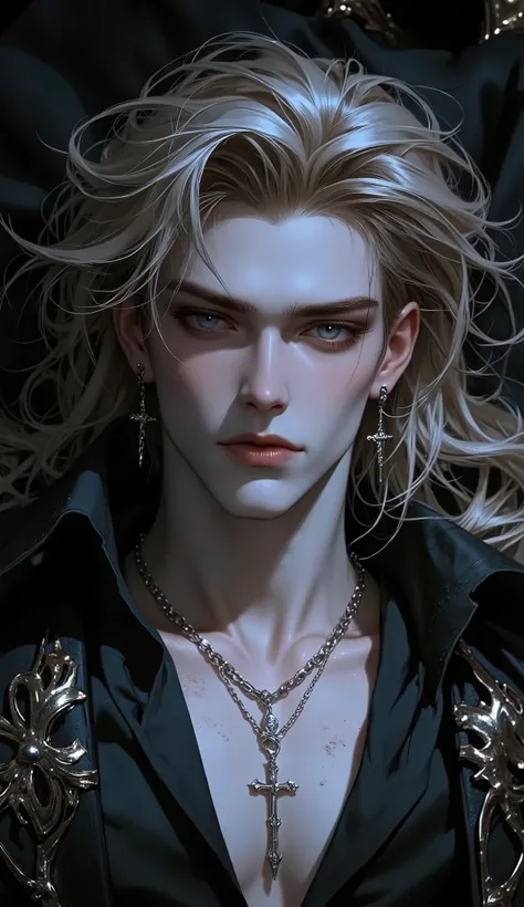 ( masterpiece:1.3,  perfect details :1.4,  high quality, 8k wallpaper, good complete anatomy:1.9,  Perfect face:1.4), (1 man,  A handsome man with pale skin ), (Dirty and disheveled cheeky blond very long hair  , glowing bright gray eyes ,  mystical and om...