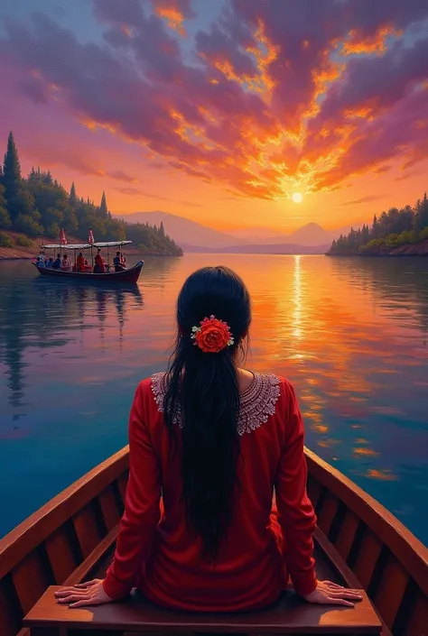  An oil painting alluding to the Day of the Dead in Pátzcuaro,  a sunset sky in purple and orange tones ,  Janitzio Island , The lake ,  and in the foreground a woman purepecha from behind on a boat  