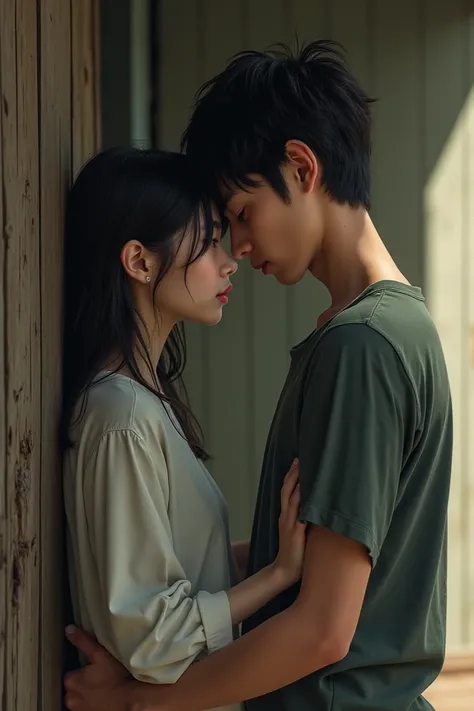  A girl and a 22-year-old boy seeing each other and not showing much of their faces. And that the girl is against the wooden wall  