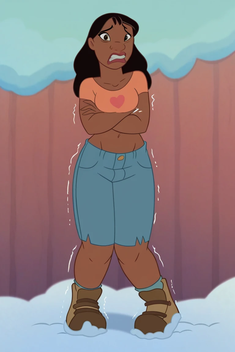 score_9_up, score_8_up, score_7_up, 1girl, solo, n4niP, dark-skinned female, brown eyes, black hair, looking at viewer, crop top, midriff, shorts, shoes, lips, hips, cold posture, freezing, shivering, shaking, snow background, High Resolution, Accurate, Be...