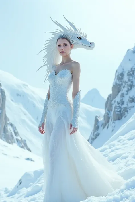 Beautiful humanoid woman in the skin of a white dragon in a snow mountain