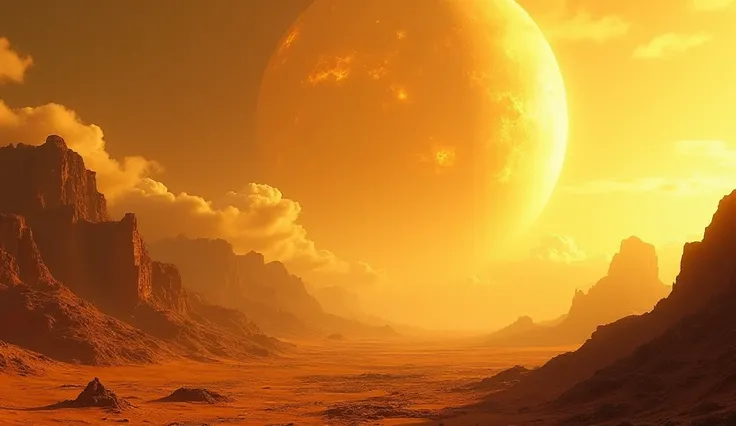 " A surreal alien landscape with a giant planet of yellow and orange tones in the sky,  showing turbulent gaseous storm-like patterns .  in the background ,  another smaller planet, , In contrast to the first .  The terrain is a mountainous desert with sha...