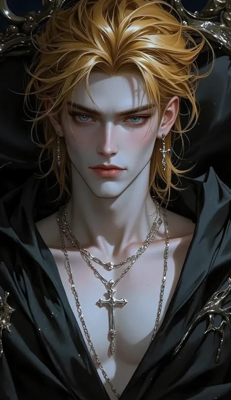 ( masterpiece:1.3, perfect details :1.4, high quality, 8k wallpaper, good complete anatomy:1.9, Perfect face:1.4), (1 man, A handsome man with pale skin ), (Dirty and disheveled cheeky blond yellowlong hair , glowing bright gray eyes , mystical and o...