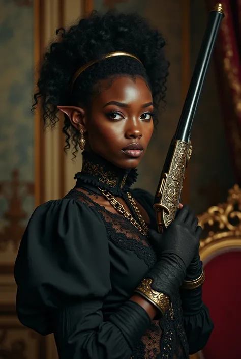 beautiful black woman, elf ears, victorian lady, musketeer clothing, holding gun