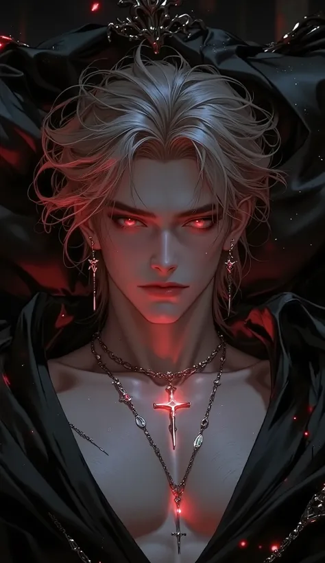 ( masterpiece:1.3, perfect details :1.4, high quality, 8k wallpaper, good complete anatomy:1.9, Perfect face:1.4), (1 man, A handsome man with pale skin ), (Dirty and disheveled cheeky blond very long hair , glowing bright red eyes, mystical and omi...