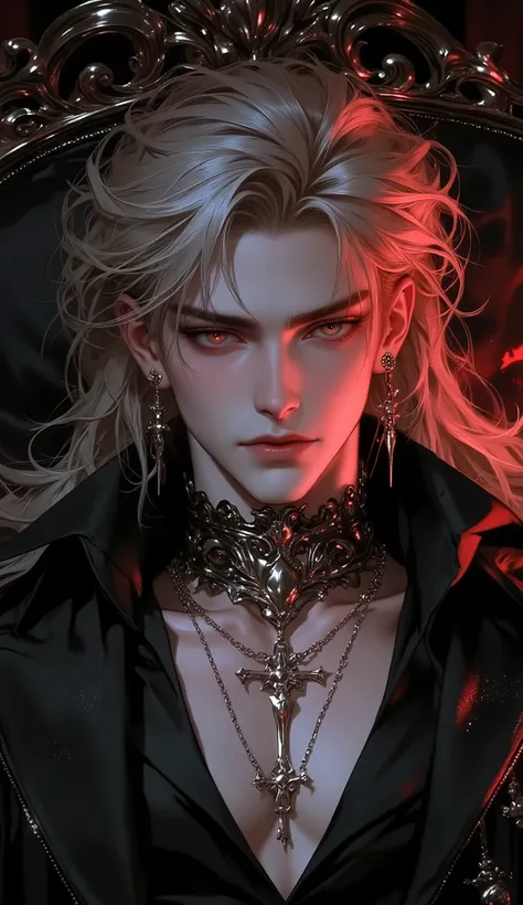 ( masterpiece:1.3, perfect details :1.4, high quality, 8k wallpaper, good complete anatomy:1.9, Perfect face:1.4), (1 man, A handsome man with pale skin ), (Dirty and disheveled cheeky blond very long hair , glowing bright red eyes, mystical and omi...
