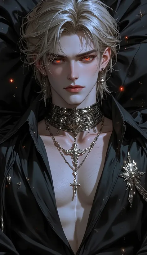 ( masterpiece:1.3, perfect details :1.4, high quality, 8k wallpaper, good complete anatomy:1.9, Perfect face:1.4), (1 man, A handsome man with pale skin ), (Dirty and disheveled cheeky blond very long hair , glowing bright red eyes, mystical and omi...
