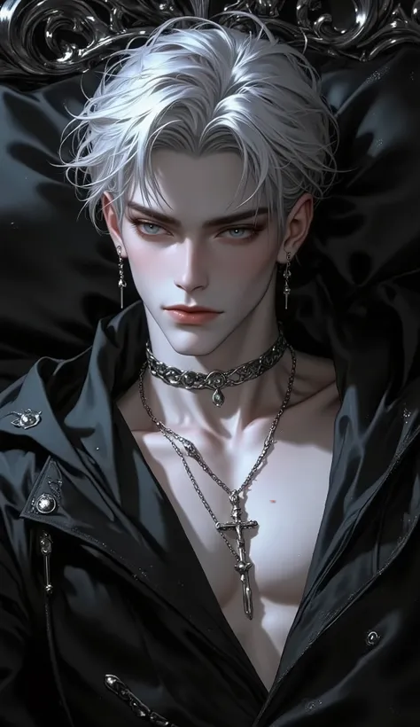 ( masterpiece:1.3,  perfect details :1.4,  high quality, 8k wallpaper, good complete anatomy:1.9,  Perfect face:1.4), (1 man,  A handsome man with pale skin ), (Dirty and disheveled cheeky platinum dblond hair  , glowing bright gray eyes ,  mystical and om...