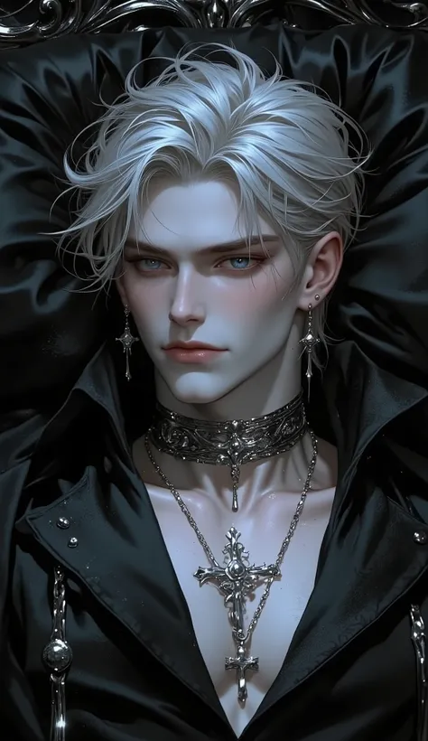 ( masterpiece:1.3, perfect details :1.4, high quality, 8k wallpaper, good complete anatomy:1.9, Perfect face:1.4), (1 man, A handsome man with pale skin ), (Dirty and disheveled cheeky platinum dblond hair , glowing bright gray eyes , mystical and om...