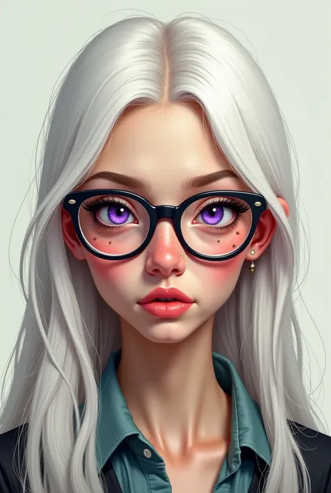 nerdy woman with long white hair, purple eyes, wearing glasses, has acne