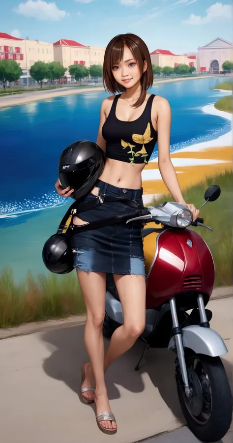 young woman, standing posed near motorcycle and chair, village and canal scenery, holding a helmet, (forehead, black long hair, light-brown streaked hair, light-brown hilighted hair, light-brown ombre, 2 colored tone color), BREAK, black tank top (+double ...