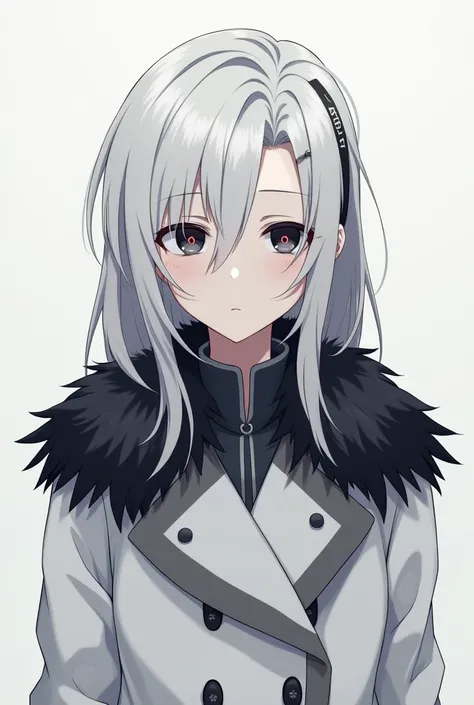 Anime-Style stoic, cold, tall woman. Fairly pale skin. and eyes that has pure black irises and a red "x"-shaped pupil. Her asymmetric long length snow white hair with the occasional black streaks swept to the right side of her head.

She wears a small blac...