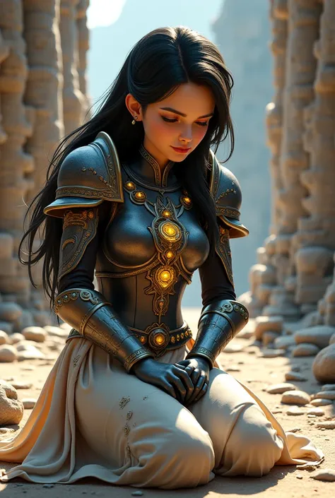 
"Aeris Nightbane, 30-year-old female, silky black hair, focused expression, rune-etched armor with gold and icy blue glowing runes, flowing ivory silk lower clothing with celestial embroidery, kneeling beside an ancient relic, surrounded by crumbling pill...