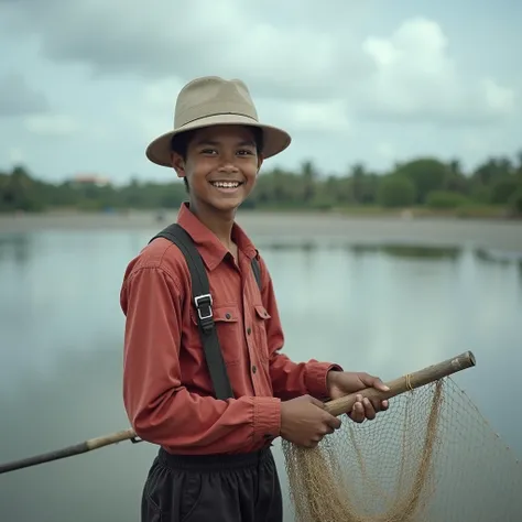 A young person in the foreground of Veracruz, Mexico, As a fisherman . The person must be dressed in traditional or work-friendly clothing with a net for fishing.  The background shows an iconic place in Veracruz ,  like the port ,  a tropical beach ,  or ...