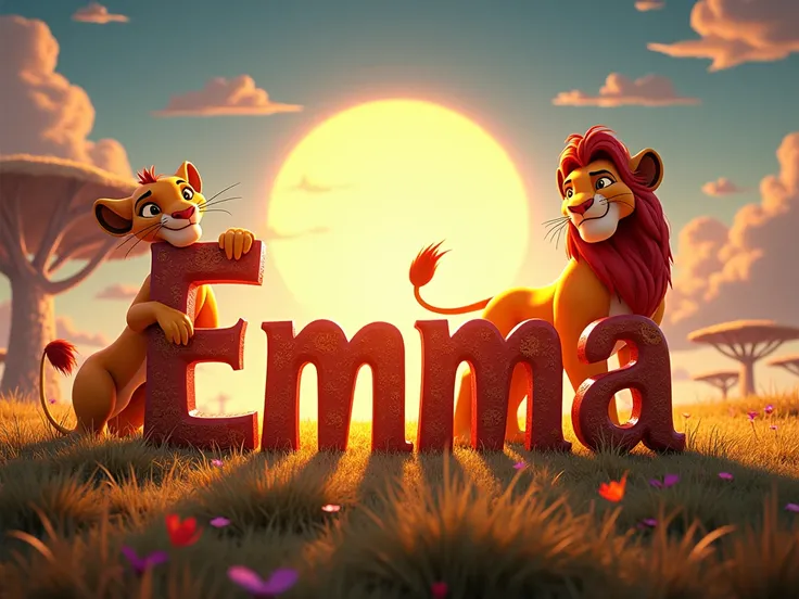  Créer une affiche 4k, ultra détaillé avec écriture lettre par lettre "EMMA".  Dans un style Disney 4D .  L'écriture doit être clairement visible .
 Thème ROIS LION , Pumba , simba .