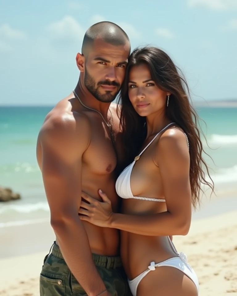 Create a super realistic image of a Mexican couple on the beach. Do the man hugging the woman, Do the man with the shaved head military style. Make the woman slim with medium breasts, Do the woman wearing a white bikini.