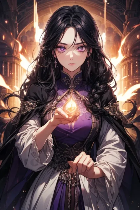   with long black hair braided on one side  。Has deep purple eyes。  Wears an Extravagant Dress  。 With a ruthless look 。 Deep purple eyes in the background ,  there is a room in a gorgeous castle  。  a scene where magical energy drifts  。  I can see a magi...