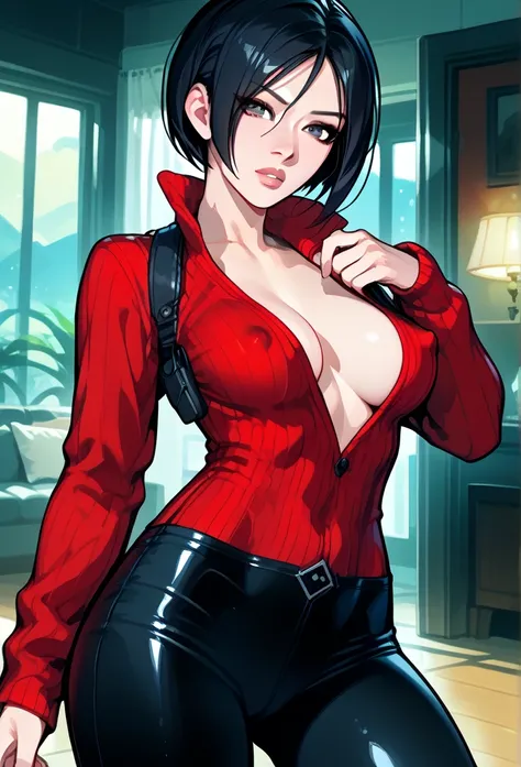 Ada Wong, Ada Wong from Resident Evil, (mature woman, curvy body, large breast), hot face, black pupils, glossy lips, gob lips, calm expression, narrowed eyes, narrowing eyes, clear pupils, sunken cheeks, (black hair, short hair), red sweater, (open chest,...