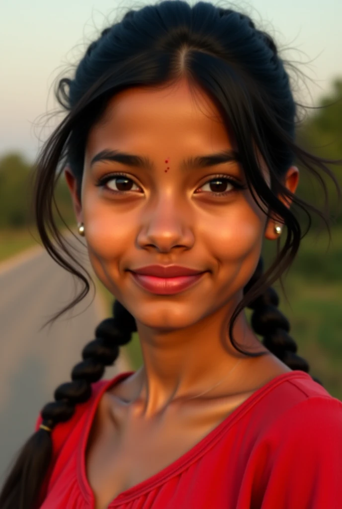 young Indian girl, 18-year-old, red top, gentle lighting, intricate facial details, flawless complexion, top-notch 3D rendering, hyper-realistic, shot on Indian road.