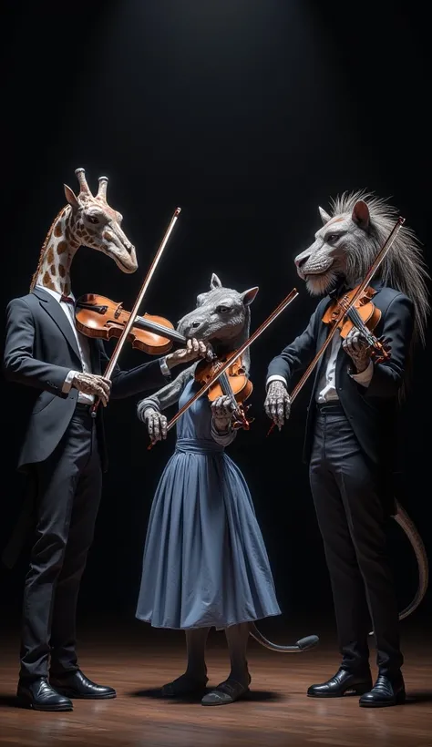 a beautiful ultra-realistic cinematic scene, three animals playing the violin, a giraffe wearing a suit standing playing the violin, a hippopotamus wearing a basic blue dress standing playing the violin, a lion wearing a suit standing playing the violin in...