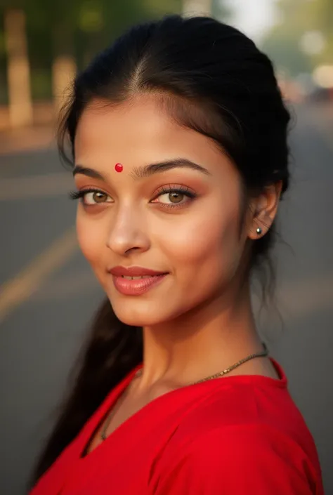 young Indian girl, 18-year-old, red top, gentle lighting, intricate facial details, flawless complexion, top-notch 3D rendering, hyper-realistic, shot on Indian road.