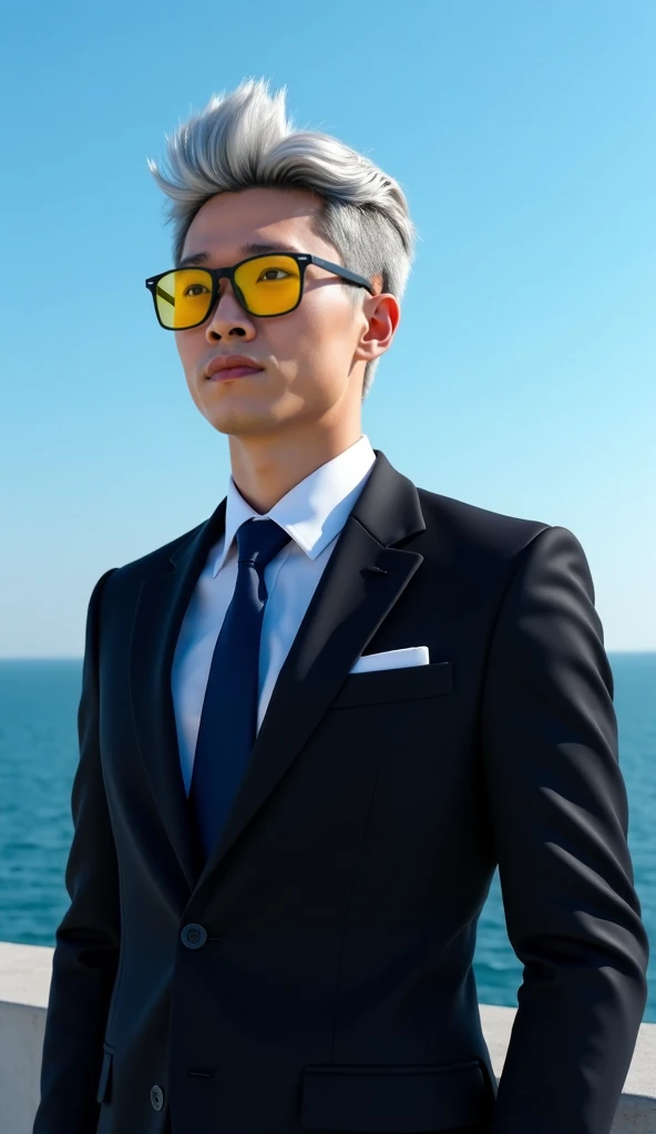 Korean man wears a black suit, inside is a white shirt and a dark blue tie. He has long silver hair that stands up in the air. He wears glasses with black frames and yellow lenses. He has silver eyebrows. His face is sharp and angular, he is 30 years old. ...