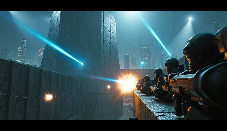 A close-up captures multiple **Robo-Cop guards** crouched behind mounted **turrets** on the brutalist **H.A.P.S. prison walls.** Blue laser beams streak upward from the turrets, illuminating the wet, rain-soaked battlefield below.  

Suddenly, a **missile ...