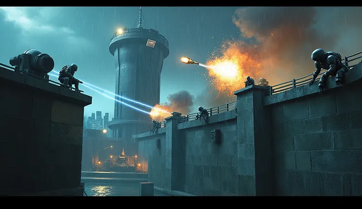 A close-up captures multiple **Robo-Cop guards** crouched behind mounted **turrets** on the brutalist **H.A.P.S. prison walls.** Blue laser beams streak upward from the turrets, illuminating the wet, rain-soaked battlefield below.  

Suddenly, a **missile ...