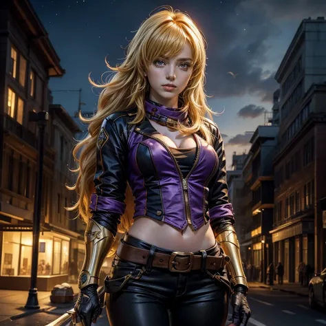 nighttime, stars, yangxiaolong, yang xiao long, long hair, blonde hair, (purple eyes:1.3), ahoge, bangs, BREAK cleavage, jacket, black pants, belt, mechanical arms, single mechanical arm, prosthesis, prosthetic arm, smile, BREAK outdoors, post apocalyptic ...