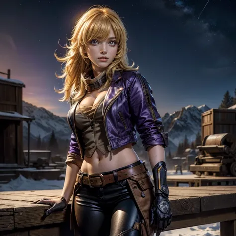 nighttime, stars, yangxiaolong, yang xiao long, long hair, blonde hair, (purple eyes:1.3), ahoge, bangs, BREAK cleavage, jacket, black pants, belt, mechanical arms, single mechanical arm, prosthesis, prosthetic arm, smile, BREAK outdoors, post apocalyptic ...