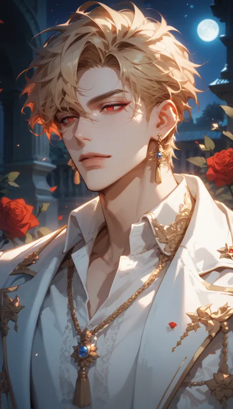 (score_9, score_8_up), score_7_up, short hair, shirt, blond hair, 1boy, jewelry, jacket, white poet shirt, male focus, earrings, red eyes, focus, royal garden at night, roses