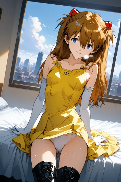 asuka_langley,1 female,solo,looking at the scenery,smile,
I_,wet brown hair,viewer,blue eyes,long hair,hair between the eyes,beautiful eyes,more detailed hair,

white lace up boots,thigh-high boots,yellow simple dress（1.3）,white panties,high heels,elbow gl...