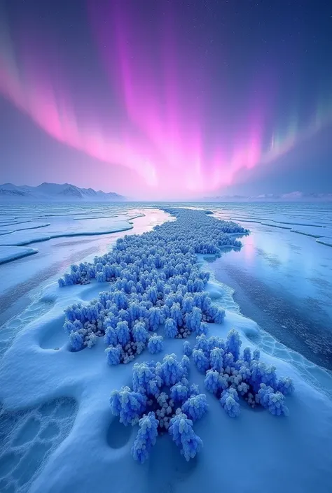  A vast expanse of ice and snow ,  with cracks and icy formations that resemble natural sculptures.  A carpet of blue and white flowers completely covers the ice ,  contrasting with the white of the snow and the blue of the sky .  The flowers seem to shine...