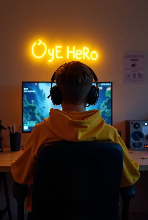 a Boy sitting in gaming room on gaming chair and playing on old school RuneScape application on his pc. The boy must wear dark yellow hoodie headphones And his name “OyE HeRo” is Written on the wall with yellow colour neon light.