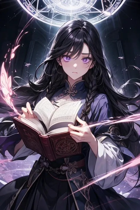    long black hair braided on one side   。 Deep purple eyes 。 
` The Forbidden Magic Book is opened in a dark room。 Her dark hair flows down for a long time 、 her purple eyes are concentrated on the book 。Magical light drifts through the surroundings 、 her...