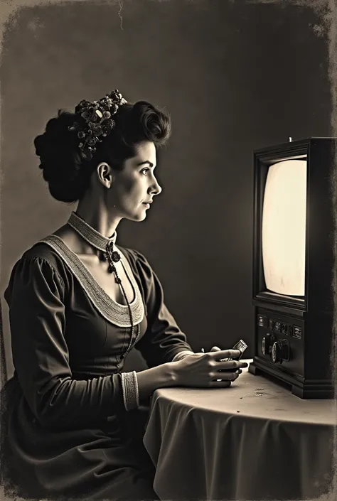 a nineteenth century european lady dining in a nineteenth century outfit with smallpox in her face has a modern tv controller in her hand and is watching tv, style stafé nineteenth-century photograph , black to sepia monochrome photo full of defects and da...