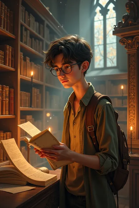 cute man, in magical library with round glasses, holding scrolls