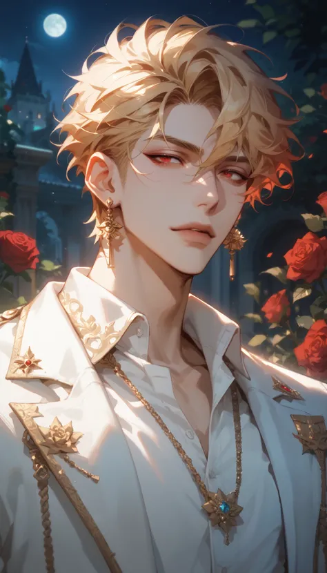 (score_9, score_8_up), score_7_up, short hair, shirt, blond hair, 1boy, jewelry, jacket, white poet shirt, male focus, earrings, red eyes, focus, royal garden at night, roses