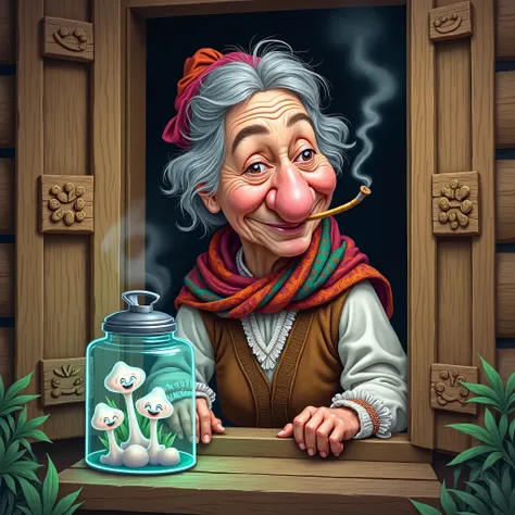 caricature, humor,  window in a wooden log cabin, in the window(carved shutters open )  older woman (a big nose with a wart ,  there is a glass jar , disheveled grey hair , traditional Russian clothes ,  bright colored shawl dashingly tied to the head ,  l...