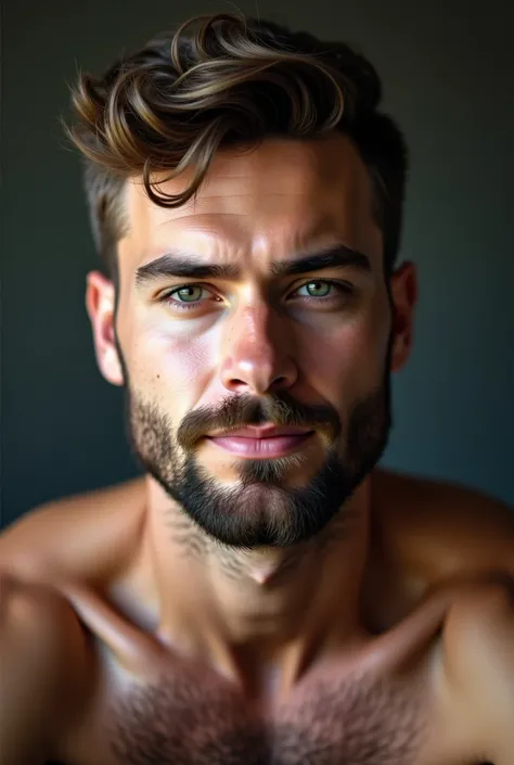  a man with a beard and shirtless shirt looking at the camera, a photorealistic painting inspired by Maximilian Cercha , shutterstock, Photorealism ,  Ultra-Realistic Photography ,  young man with beautiful face , short facial hair,  beautiful handsome bod...