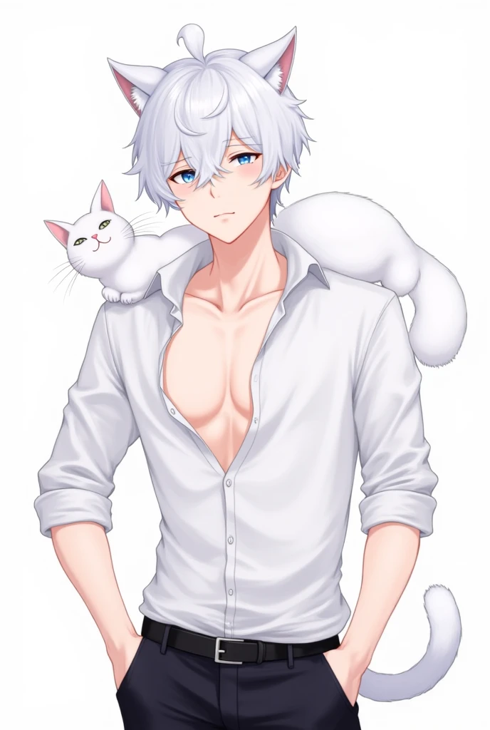 A handsome man with white eyes, with white cat ears, with a white cat tail, wearing a white shirt, taking off his six-pack show shirt slowly, his black pants, with a white cat on his shoulder, is a streamer, an anime cartoon character.