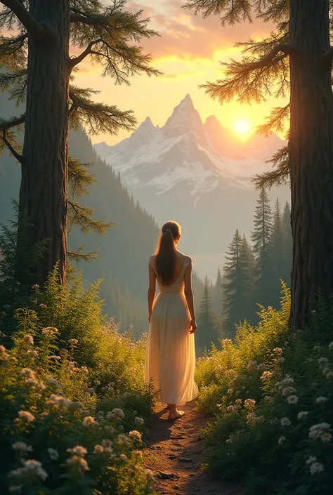  a woman walking in a forest in the mountains, At sunset