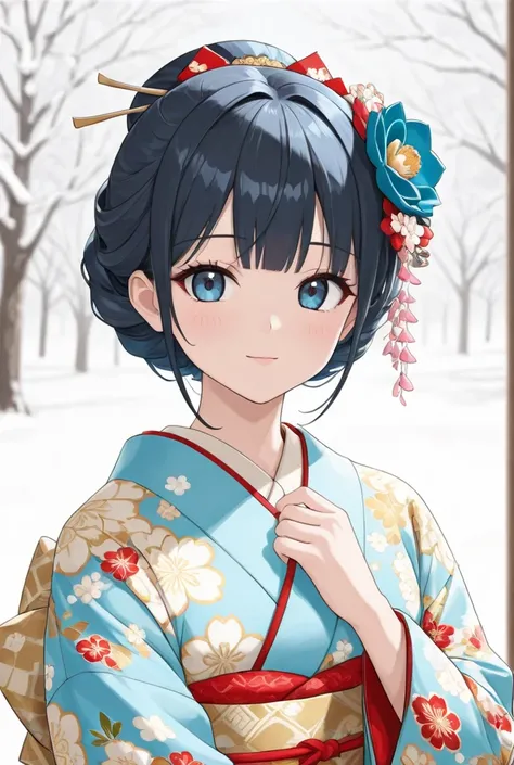 (  best quality)), (   portrait of a beautiful girl )（Long-sleeved kimono）、retro kimono、 （Dark Blue）、Floral、（ black hair） Upstyled Hair 、white and blue hair ornament、  snow background、（whole body）
 front view